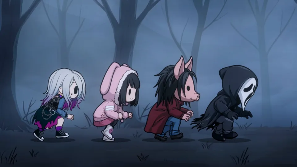 森を一列に進む4人のちびキャラクター